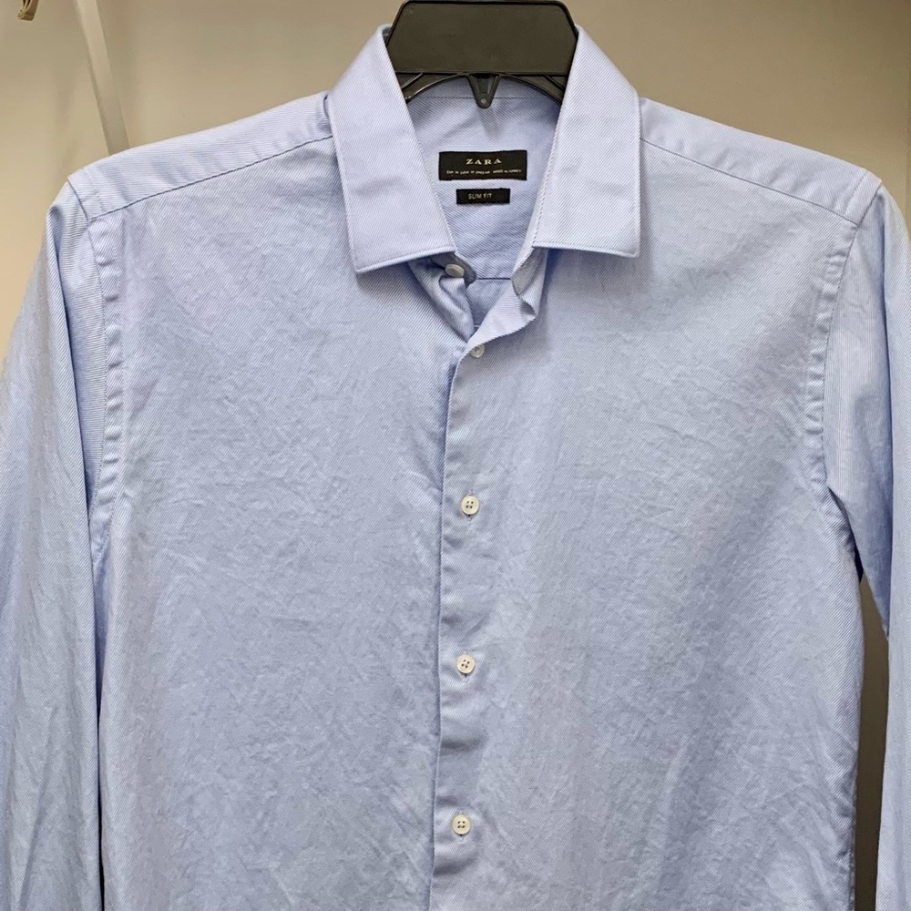 Zara Button Down Long Sleeve Dress Shirt Lightweight Mens Blue Cotton Medium